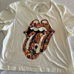 M The Rolling Stones Tongue Logo Crop Top Medium Ivory Floral Juniors Shirt Scho